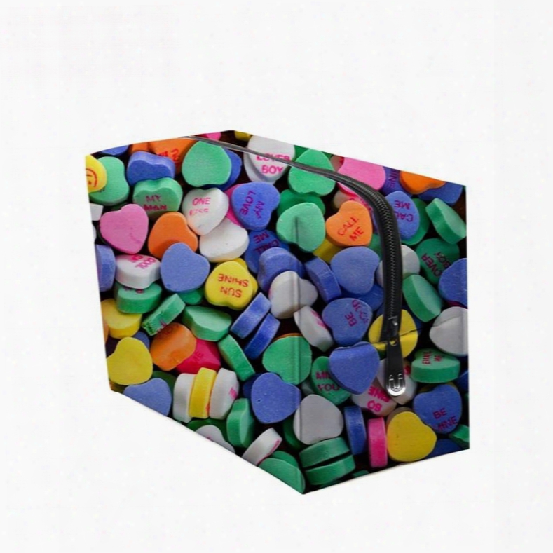 3d Portable Colorful Heart Shape Candies Printed Pv Cosmetic Bag