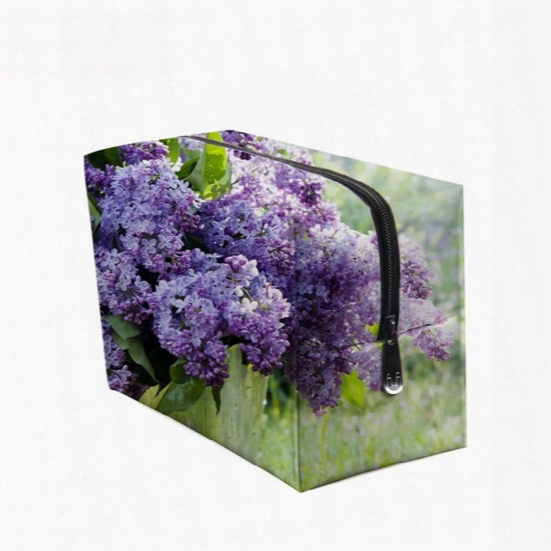3d Portable Purple Lilacs Printed Pv Cosmetic Bag