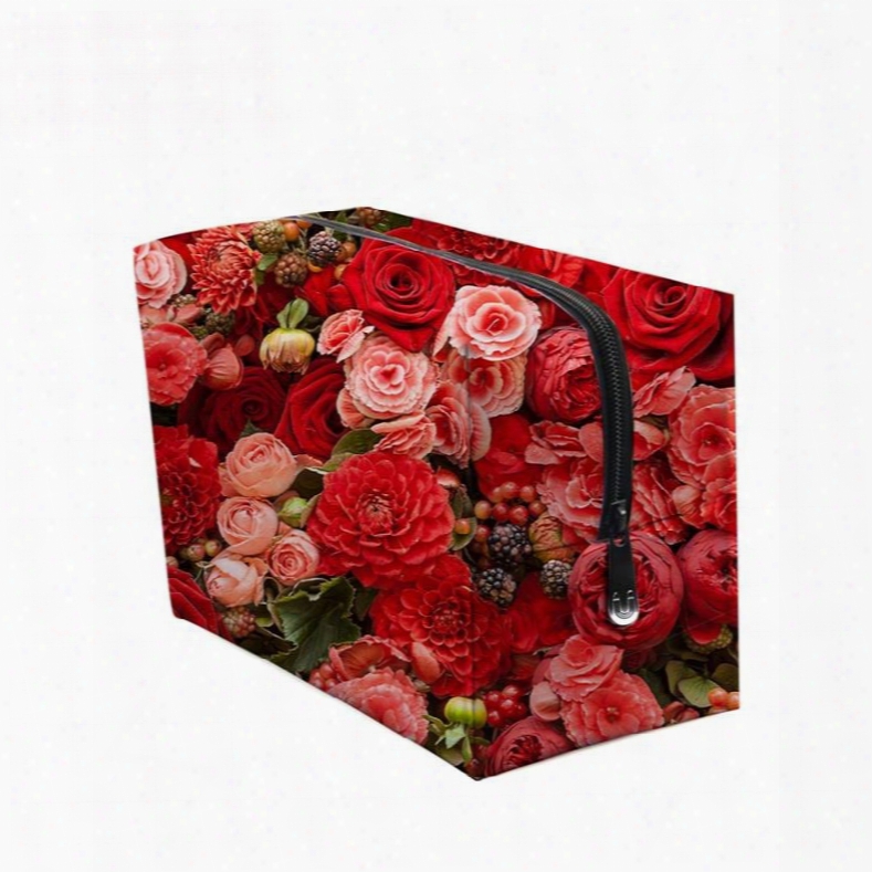 3d Portable Red And Pink Roses Printed Pv Cosmetic Bag