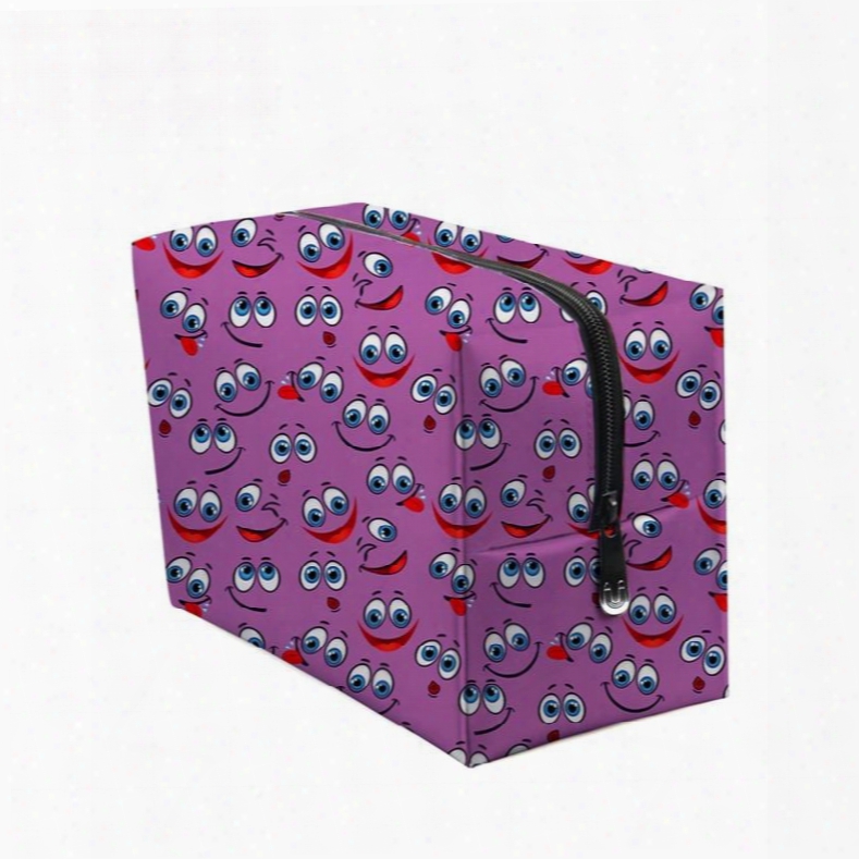 3d Portable Smiling Faces With Big Eyes Printed Pv Purple Cosmetic Bag