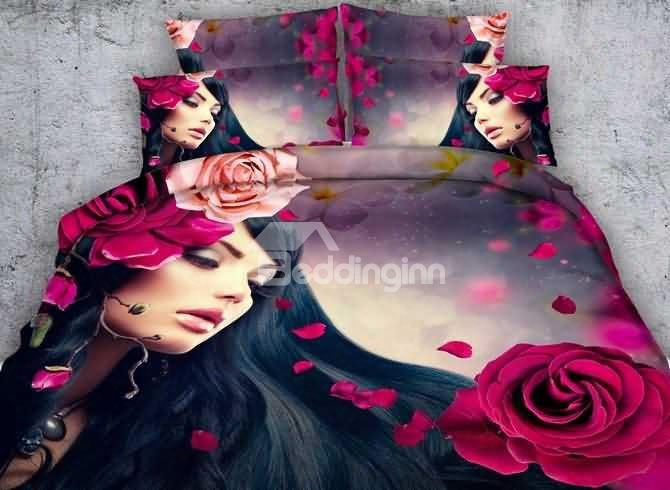3d Red Rose And Girl Printed Cotton 4-piece Bedding Sets/duvet Covers