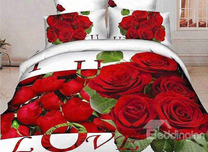 3d Red Rose An Love Letters Printed Cotton Full Size 4-piece Bedding Sets