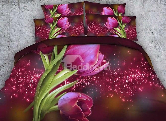 3d Red Tulips And Galaxy Printed Cotton 4-piece Bedding Sets/duvet Covers