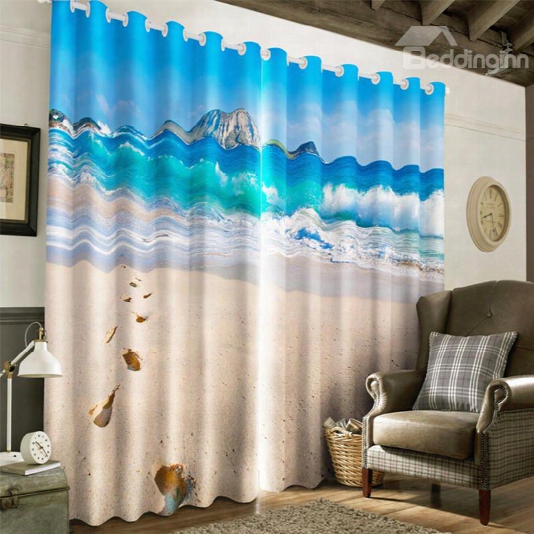 3d Rolling Seas And Beach Printed Beautiful Natural Beauty 2 Panels Decorative And Blackout Curtain