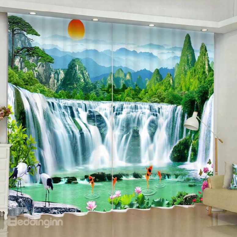3d Running Waterfalls And Jumping Golden Fishes Printed Custom Living Room Curtain