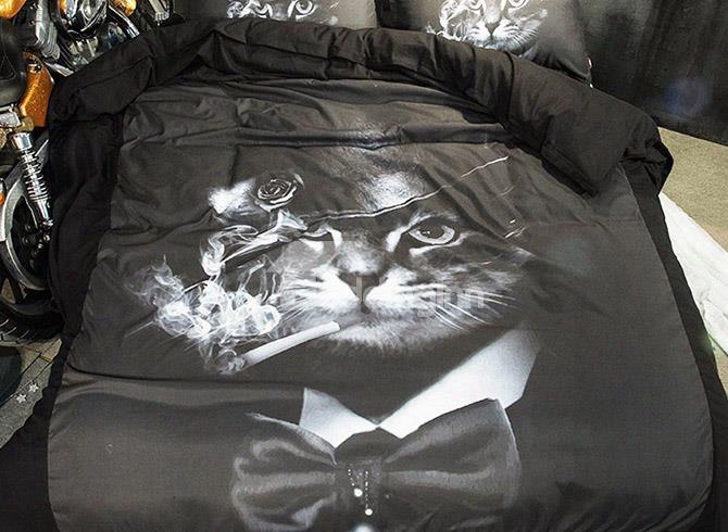 3d Smoking Cat With Bowknot Printed Polyester 4-piece Black Bedding Sets/duvet Covers