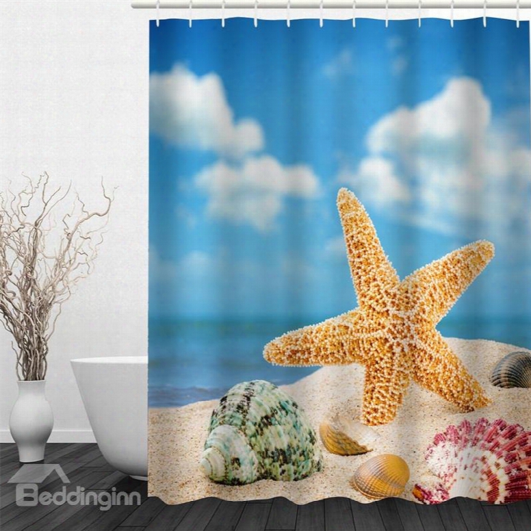 3d Starfish Concorn And Shells Under Blue Sky Pokyester Waterproof Eco-friendly Shower Curtain