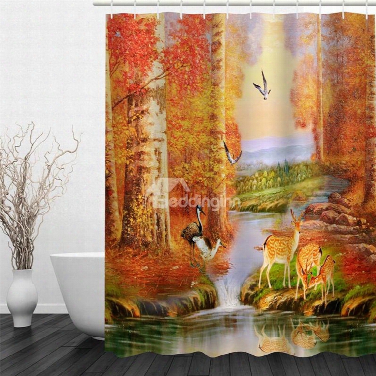 3d Stream Flowing Through Yellow Forest Printed Polyester Waterproof And Eco-friendly Shower Curtain