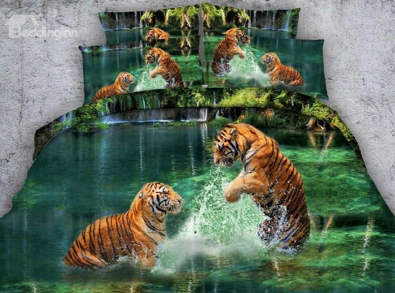 3d Two Tigers Playing In Water Printed 4-piece Bedding Sets/duvet Covers