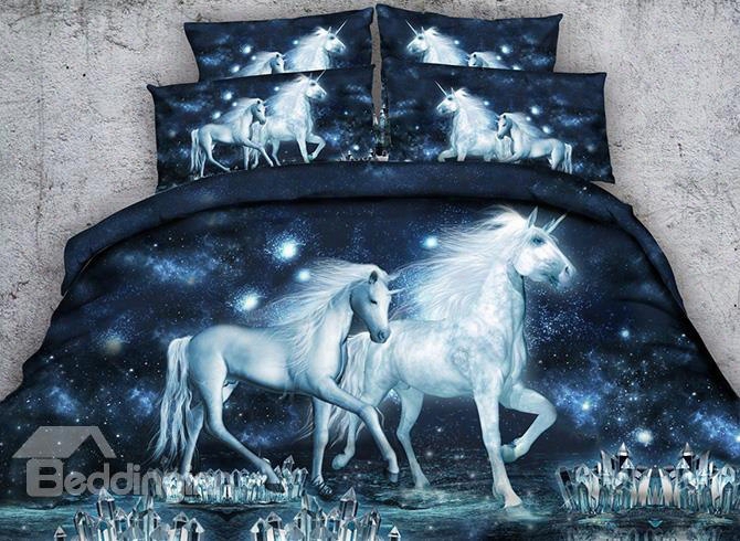 3d Unicorn And Crystal Printed Cotton 5-piece Galaxy Comforter Sets