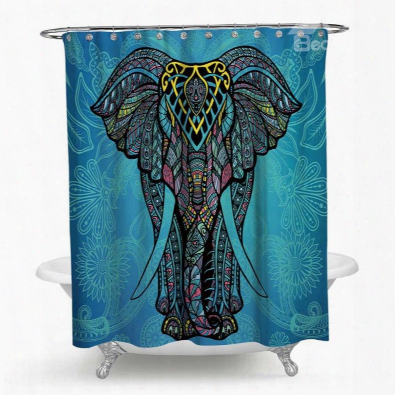 3d Waterproof Elephant Printed Polyester Blue Shower Curtain