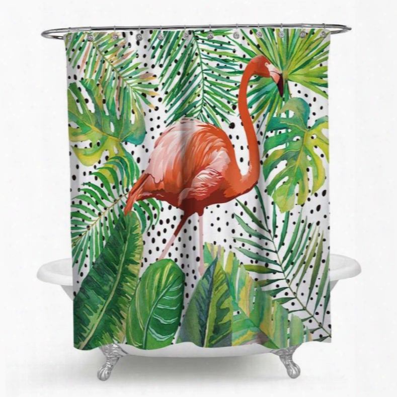 3d Waterproof Flamingos And Green Leaves Printed Polyester Shower Curtain