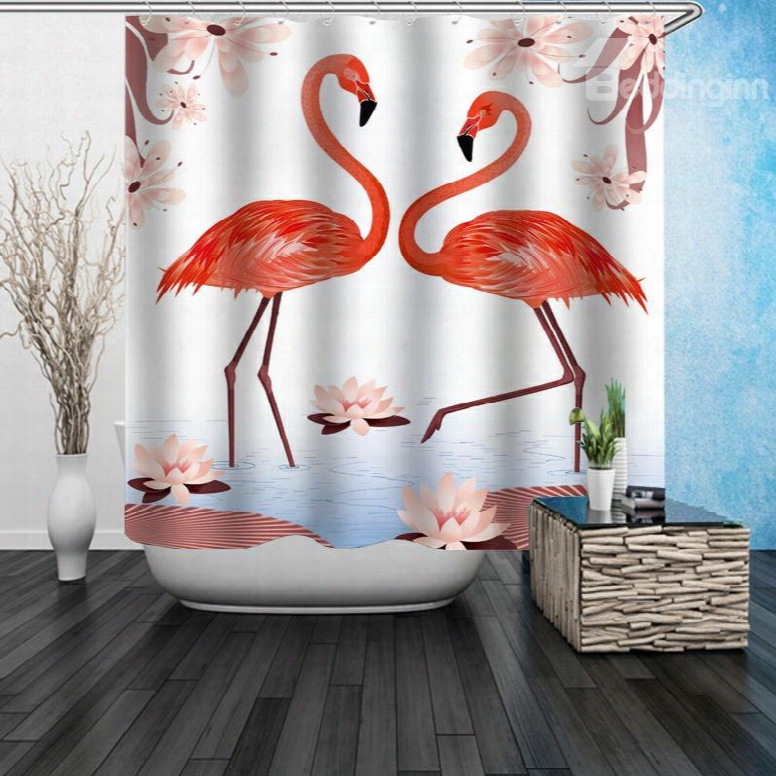 3d Waterproof Flamingos And Lotus Printed Polyester Shower Curtain
