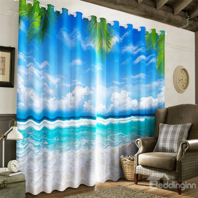 3d Waving Seas And Blue Sky With White Clouds Printed 2 Pieces Heat Insulation Drapes