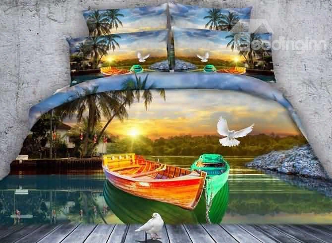 3d White Pigeon And Colorized Boat Printed 5-piece Comforter Sets