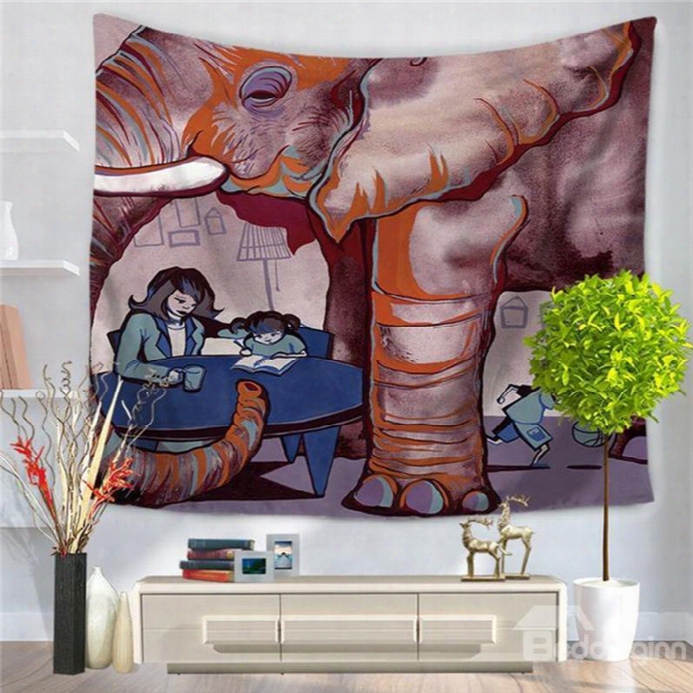 Abstract Child Homework Under The Elephant Pattern Decorative Hanging Wall Tapestry