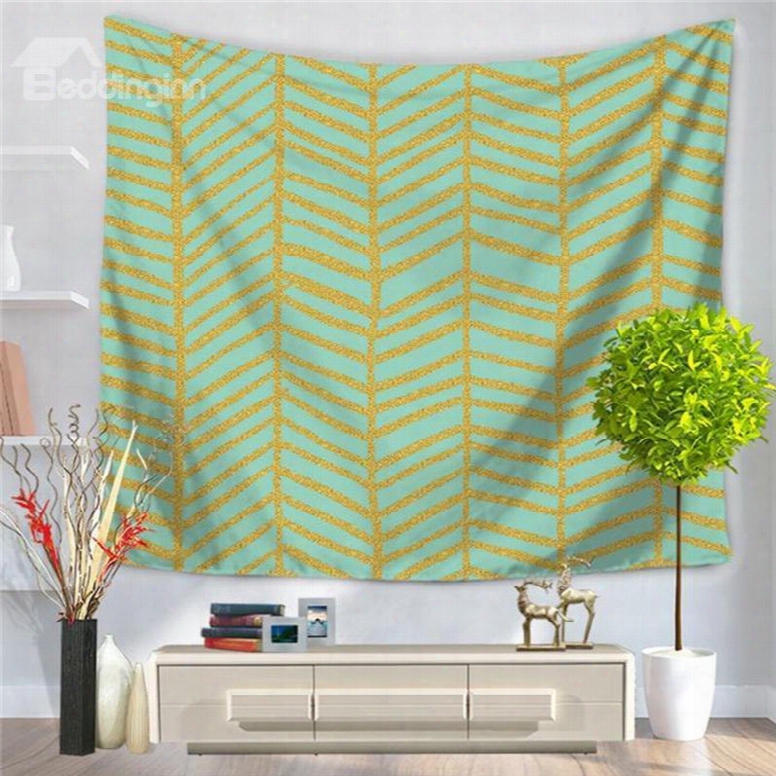 Artful Geometrical Vertical Gold Stripes Lines Pattern Green Decorative Hanging Wall Tapestry