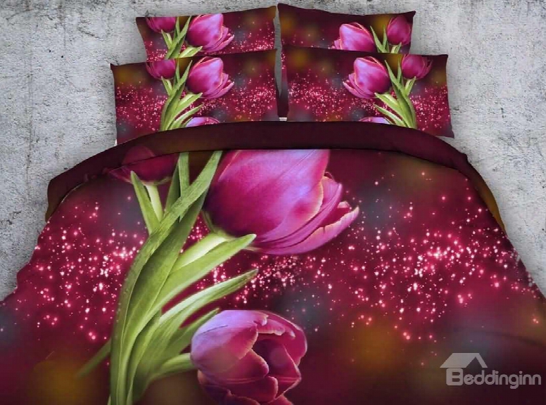 Attractive 3d Red Tulip Print 5-piece Comforter Sets