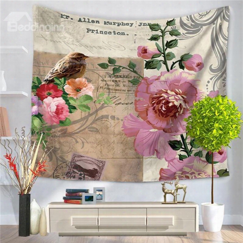 Beautiful Flowers With Bird Postcard Style Decorative Hanging Wall Tapestry