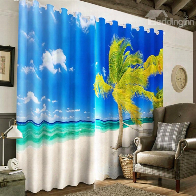 Beautiful Green Palm Trees And Blue Sea Printed Beqch Scenery 2 Panels Grommet Top Curtain