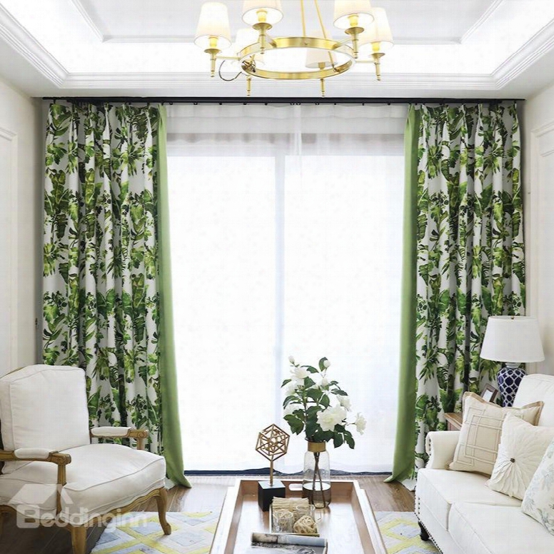 Blackout And Decoration Polyester Cotton Gre En Leaves Pastoral Style Grommet Top Curtain