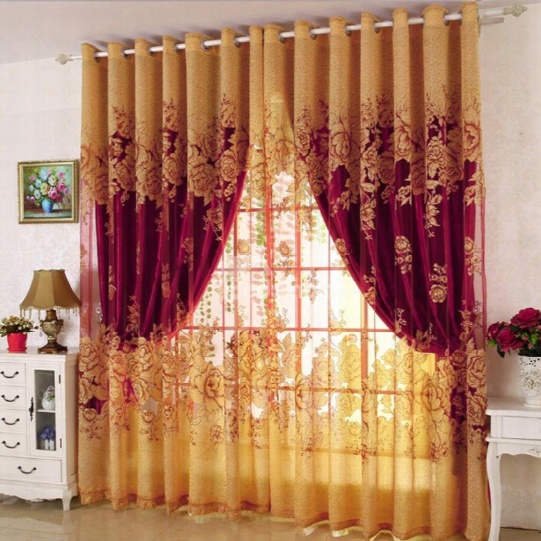 Blackout Classical Burgundy Gilding Carving Sheer And Real Lining Room Curtain Sets