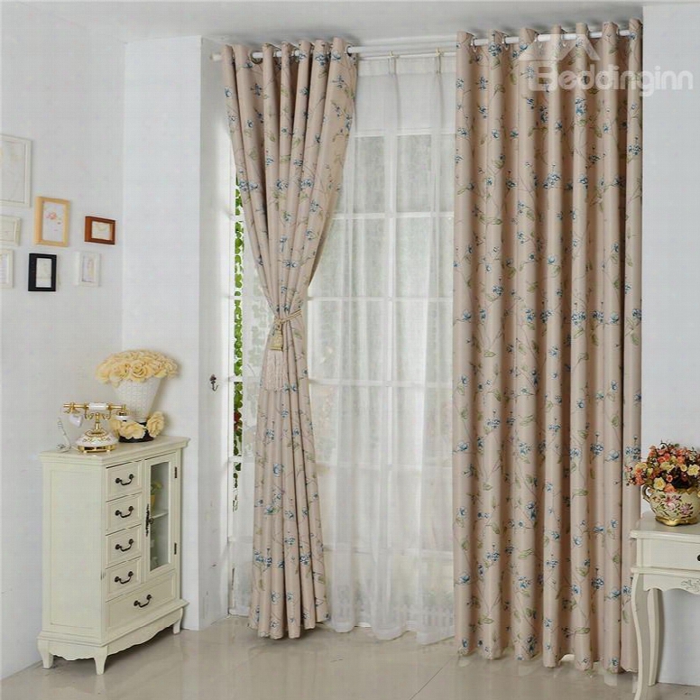 Blackout Polyester Peach Blossoms Printing Modern Style Champagne Color 2 Panels Curtian