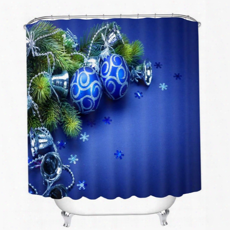 Blue Christmas Balls And Bells Printing Bathroom 3d Shower Curtain