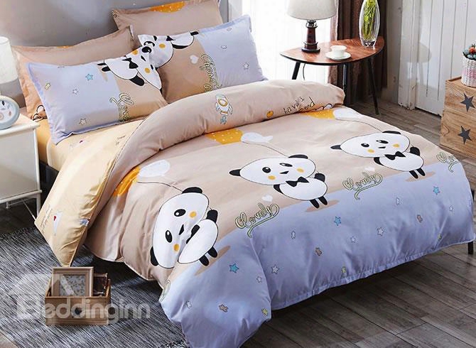 Blue Light Brown Contrast Panda Prints Polyester 4-piece Bedding Sets/duvet Covers