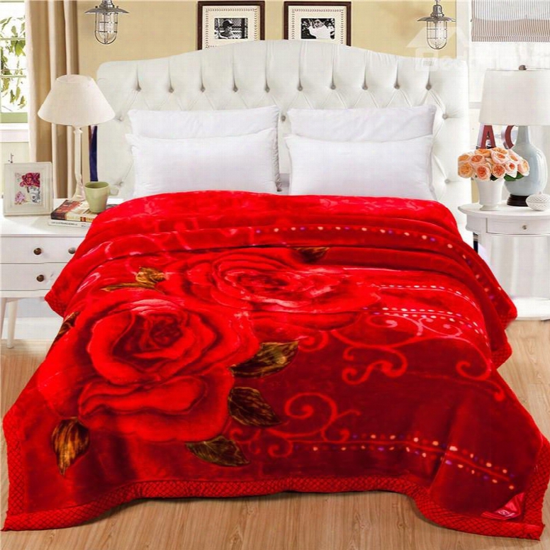 Bright Red Roses Printed Wedding Style Plush Flannel Fleece Thick Bed Blankets