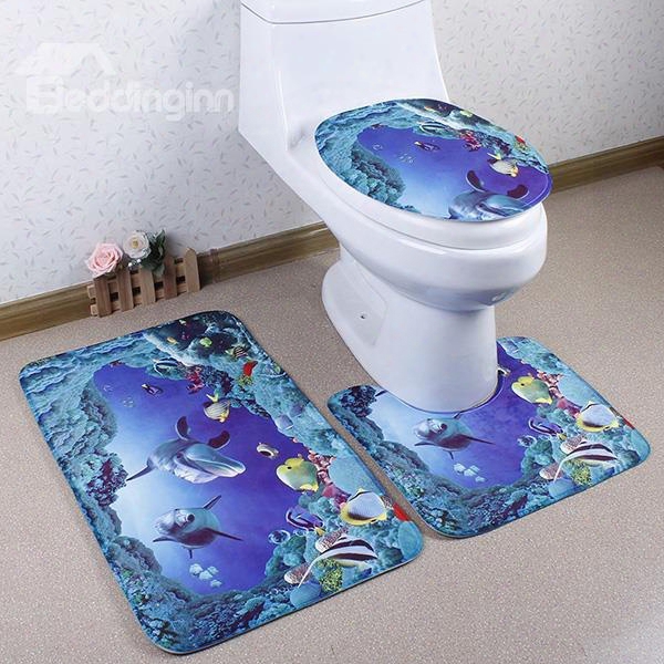 Caroset 3d Amazing Sea World Printing 3-piece Toilet Seat Cover