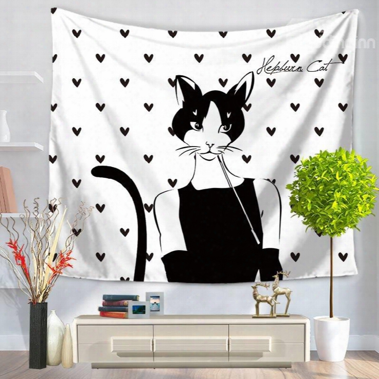 Cat Audrey Hepburn Black Dress Heart Pattern Decortive Hanging Wall Tapestry