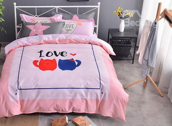 Cats Couple Printed Cotton Pink Kids Duvet Covers/bedding Sets