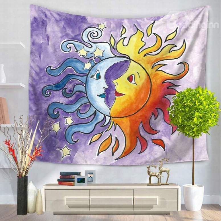 Celestial Cute Sun And Moon Face Decorative Hanging Wall Tapestry