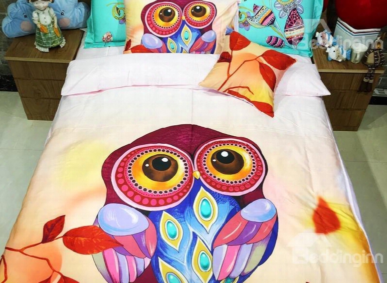 Charming Owl With Amazing Feathers Print 3-piece Kids Cotton Duvet Cover Sets