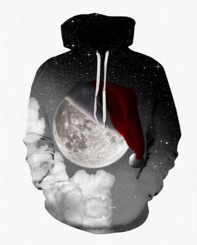 Christmas Hat On The Moon Night Couple Long Sleeve Spandex 3d Pattern Hoodie