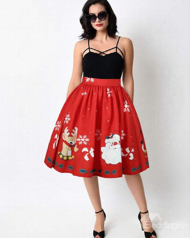 Christmas Red Character Pattern Formal Midi 3d Printing Skirt