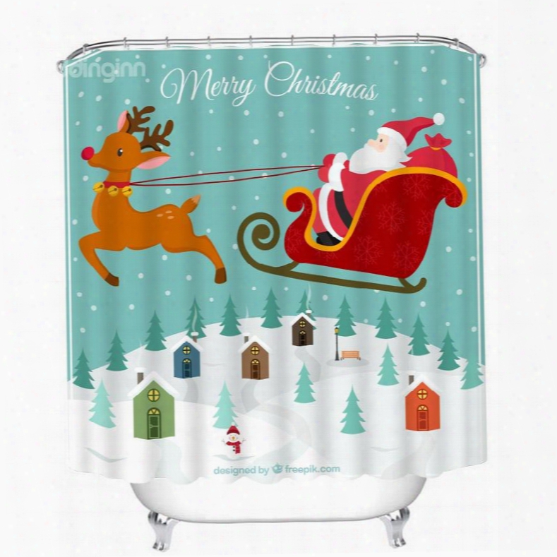 Clip Skill Santa Riding Reindeer In The Air Printing Christmas Theme Bathroom 3d Shower Curtain