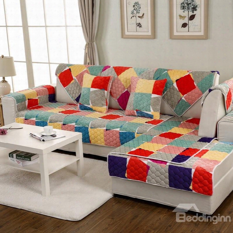 Colorful Amusing Irregular Grid Print Decorative Double-sided Slip Resistant 1 Piece Sofa Cover