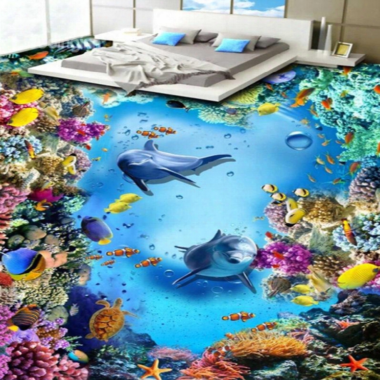 Colorful Dolphins Surrounded By Corals Under Sea Waterproof 3d Floor Murals