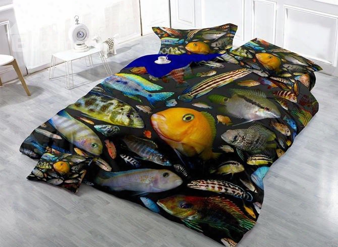 Colorful Fish Print Satin Drill 4-piece Red Duvet Cover Sets