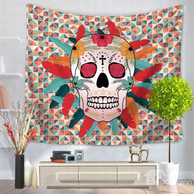 Colorful Grid Skull Shape With Feather And Flowers Decorative Hanging Wall Tapestry