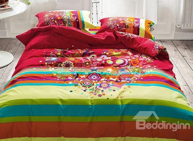 Colorful Stripes And Heart-shaped Blossoms Print 4-piece Cotton Duvet Cover Sets