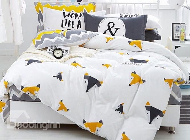 Concise Cartoon Fox Print 4-piece Cotton Duvet Cover Sets