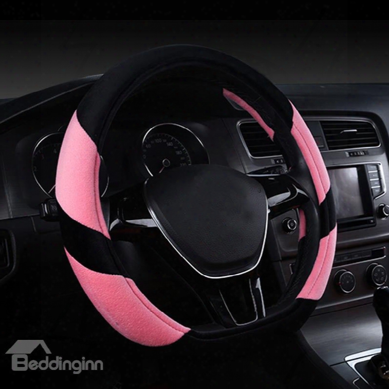 Concise Designed Dual Colored Stripe Soft Short Plush Medium Car Steering Wheel Cover