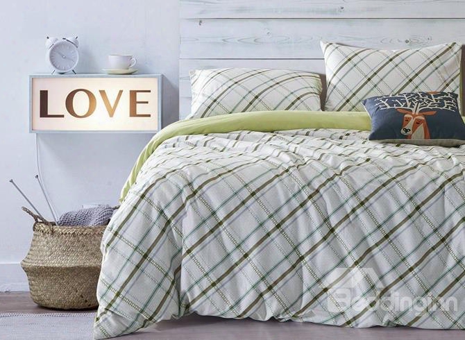 Concise Plaid Print White Cotton 4-piece Duvet Cover Sets