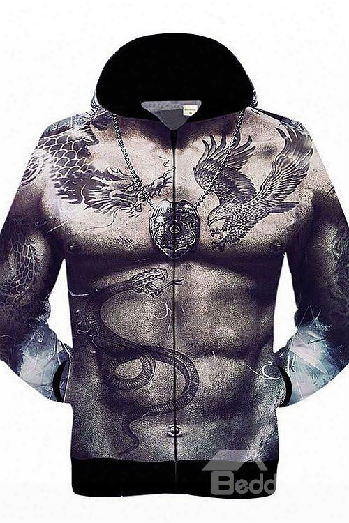 Cool Long Sleeve 3d Painted Muscle And Tattoo Pattern Zipper Hoodie For Men