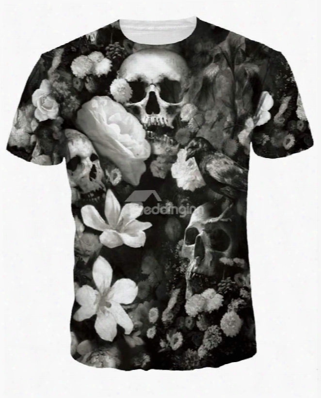 Cool Round Neck Skulls Pattern Grey 3d Painted T-shirt