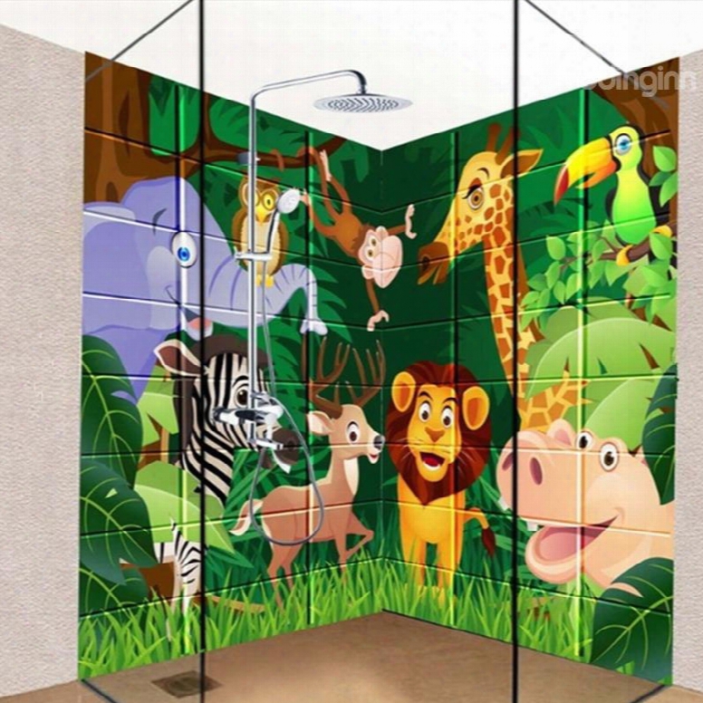 Cute Cartoon Animal In The Forest Pattern Waterproof 3d Bathroom Wall Murals