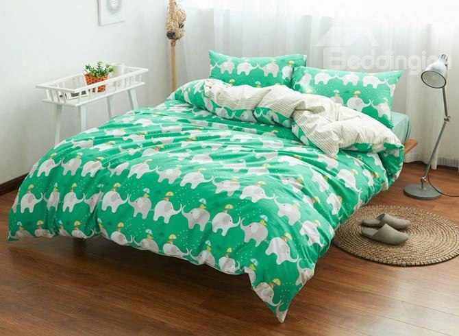 Cute Elephant Print Green 4-piece Cotton Duvet Cover Sets